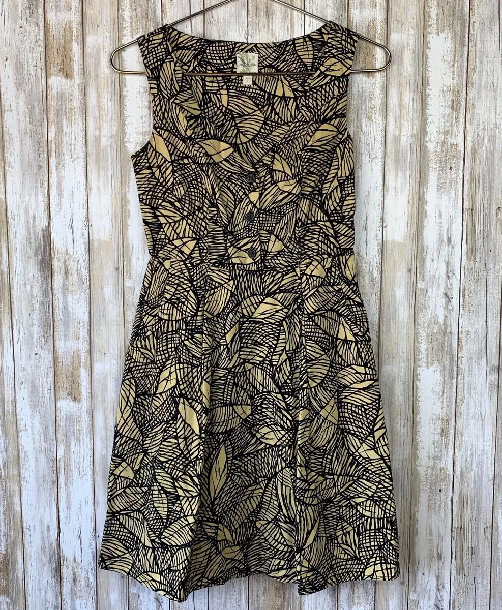 Anthropologie Weston Wear Emerging Leaves Poplin Yellow Black Dress 2 S Small