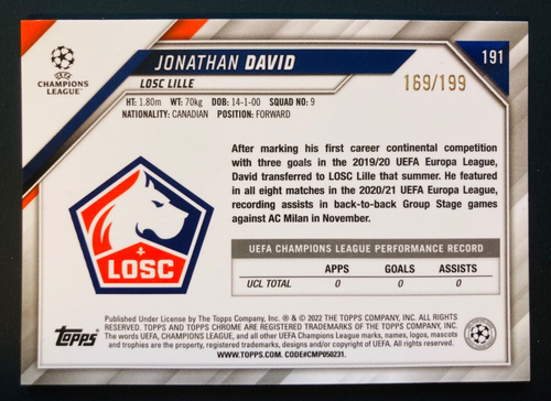 2021-22 Topps Chrome Jonathan David Lille Aqua Wave refractor rookie RC /199 - Picture 2 of 2