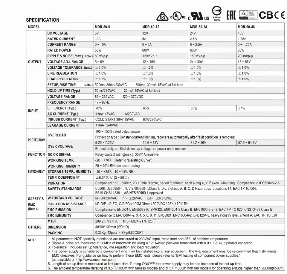 MDR-60-24 MEANWELL 60W 24VDC 2.5A 115/230VAC DIN Rail Power Supply CNC - Image 3 of 3