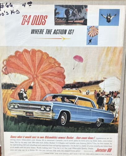 1964 OLDSMOBILE JETSTAR 88 Print Ad "Where the action is!" Sky Diving