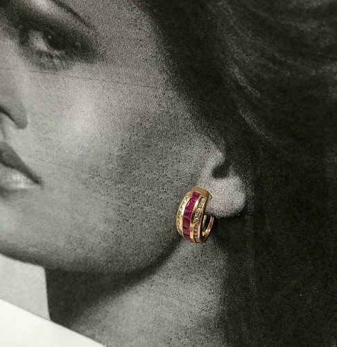 2.15 Ct Lab Created Princess Ruby Hoops Huggie Earrings 925 Sterling Silver - Picture 2 of 5