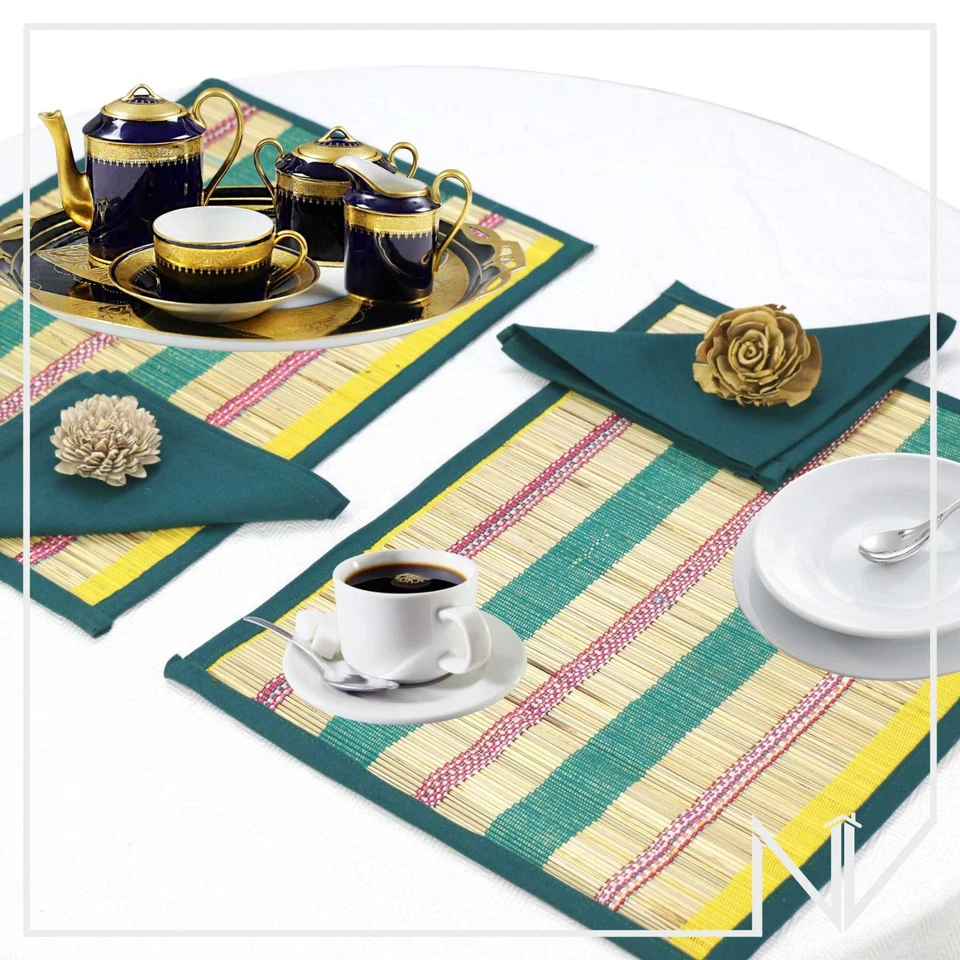 Green Yellow Stripes Bamboo Farmhouse Outdoor Holiday Dining Table Mats Set of 6 - Image 4 of 4