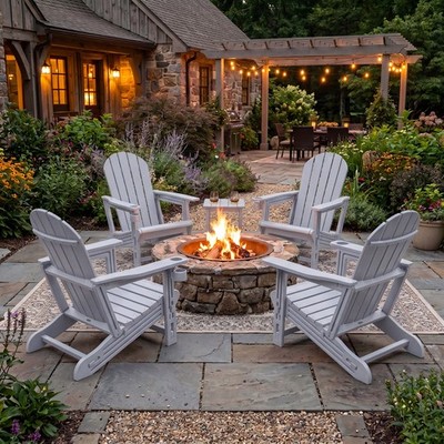 Adirondack Chair Set of 4, HDPE All-Weather Fire Pit Chairs w/ Cup Holder