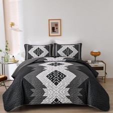 Boho Queen Quilt Set 3 Pieces Black Grey Aztec Texture Bedspread Coverlet Set