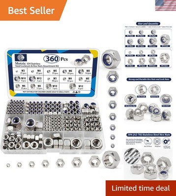 Assorted 360-Piece M3-M12 Stainless Steel Hex Nuts & Locknuts with Organizer Box