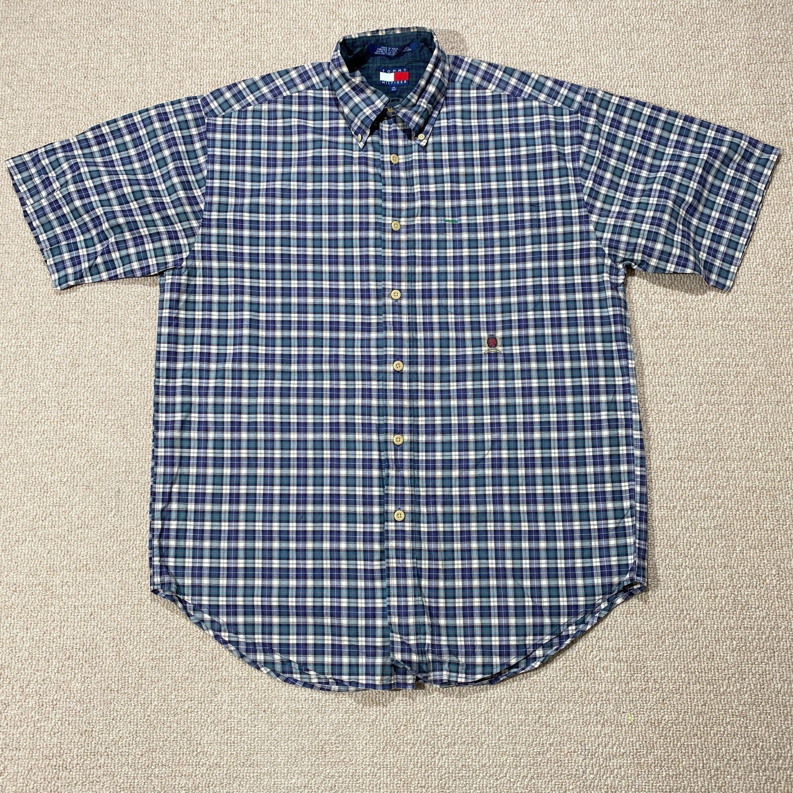 VINTAGE Tommy Hilfiger Shirt Mens Large Tartan Plaid 90s Crest Logo Short Sleeve