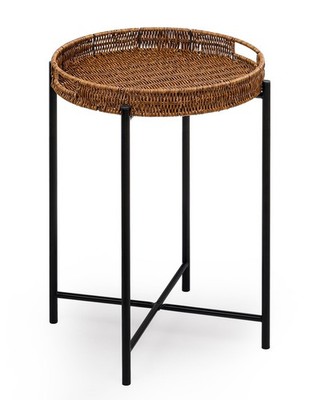 DINGTAI 16.5'' Rattan Wicker Round End Table w/ Removable Tray, Metal Base