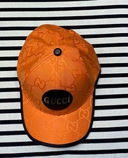 Gucci Baseball Cap Orange Canvas Leather Logo Plaque Adjustable Size