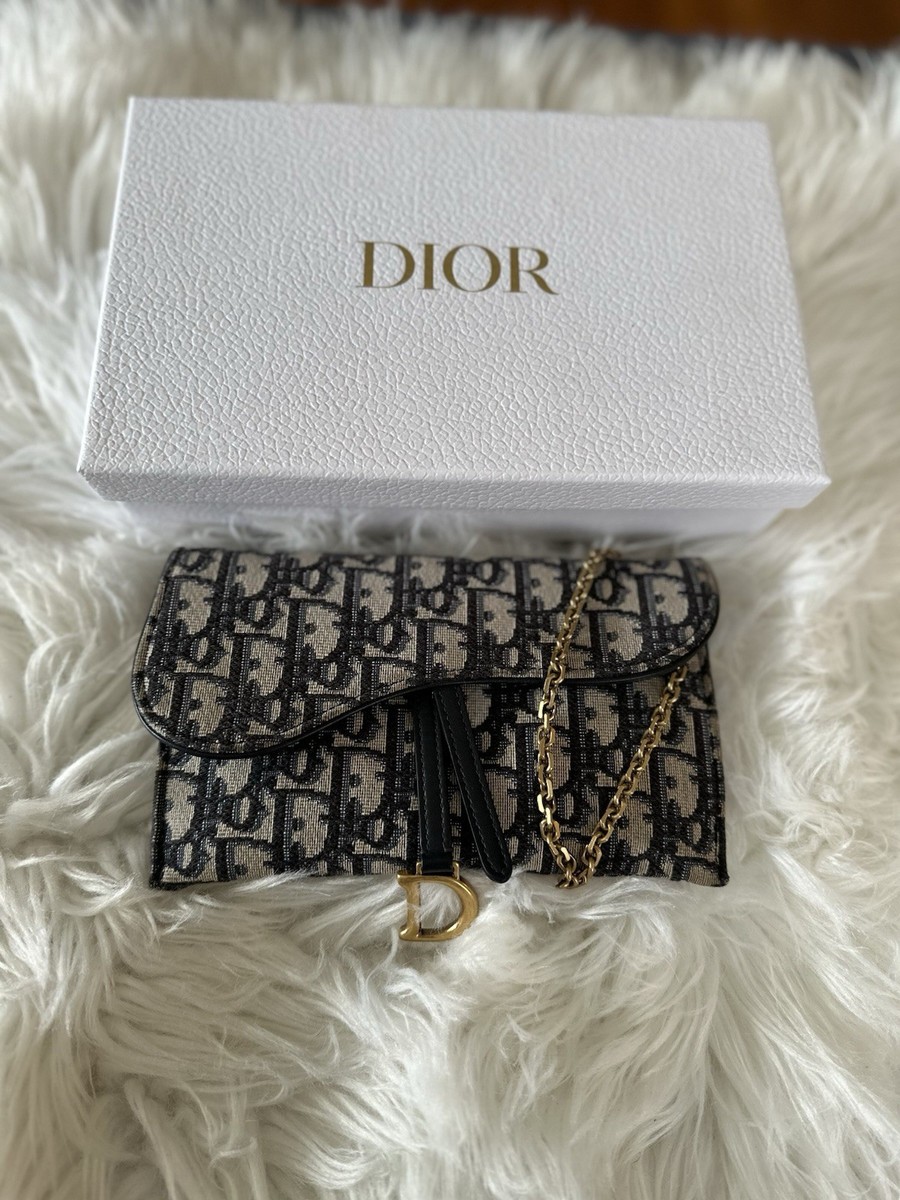 Dior Long Saddle Wallet With Chain Blue Oblique Jacquard Christian