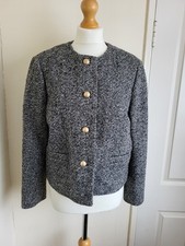 Hobbs Wollmischung Sakko Damen Gr. 14 Schwarz Weiß Cropped Tweed Gefüttert