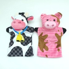 Lot Of 2 Melissa and Doug Farm Friends Animal Plush Hand Puppet Cow Pig 10"