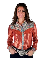 Cowgirl Tuff Western Shirt Womens L/S Metallic Accent L Rust 100940