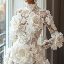 Cocktail Dresses High Collar Long Sleeve Beading Flowers Luxury Prom Party Gowns