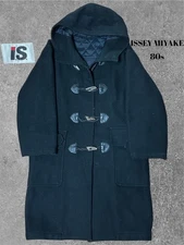 USED 80S ISSEY MIYAKE DUFFLE COAT, OLD I.S. TAG, BLACK WOOL VERYGOOD