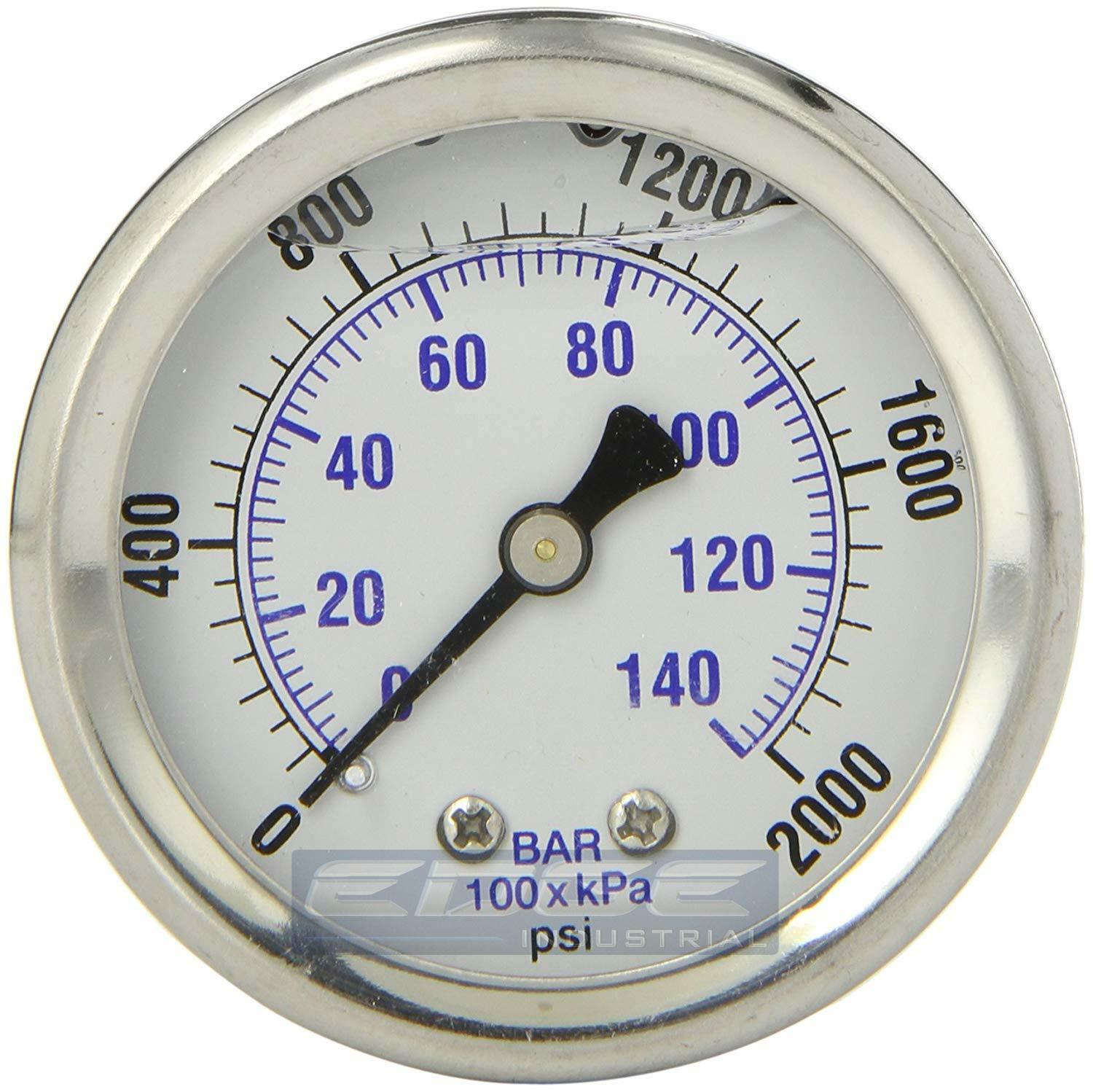 LIQUID FILLED PRESSURE GAUGE 0-2000 PSI, 2" FACE, 1/4" BACK 