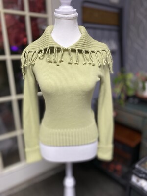Ann Trinity Vintage 90s Y2K Cotton Sweater Lime Green Fringe OverSize Collar (m)