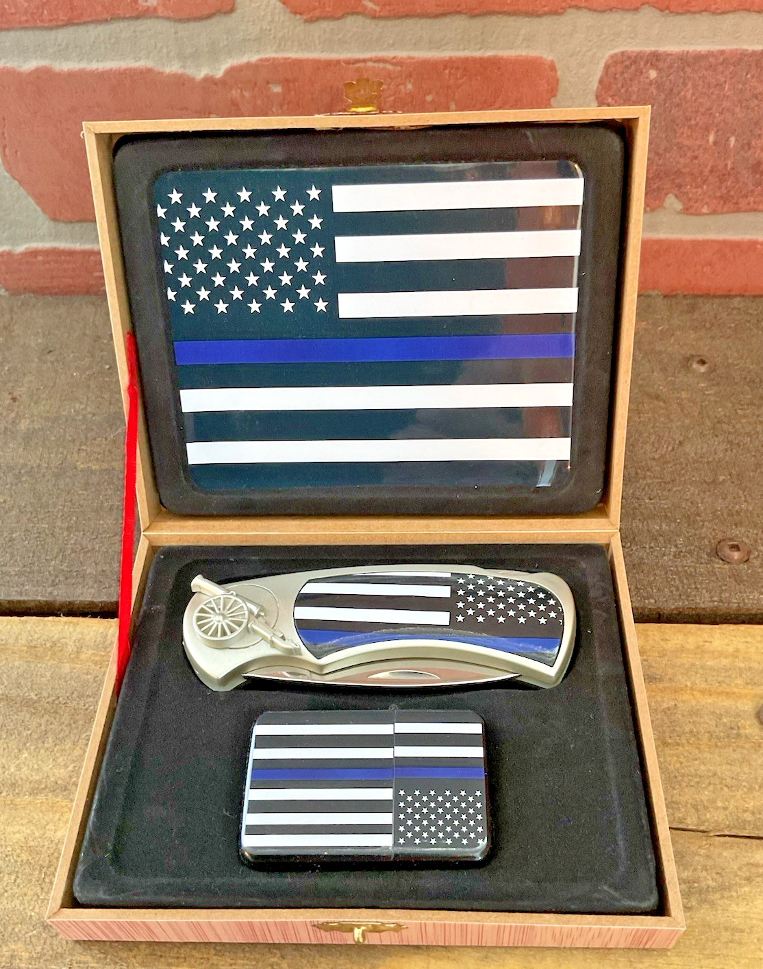 High Quality "Thin Blue Line" 4" SS Locking Knife/Lighter Gift Set FREE SHIPPING