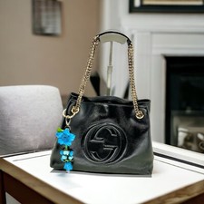 Auth GUCCI Tote Bag Soho Chain GG Black Leather Hand Bag