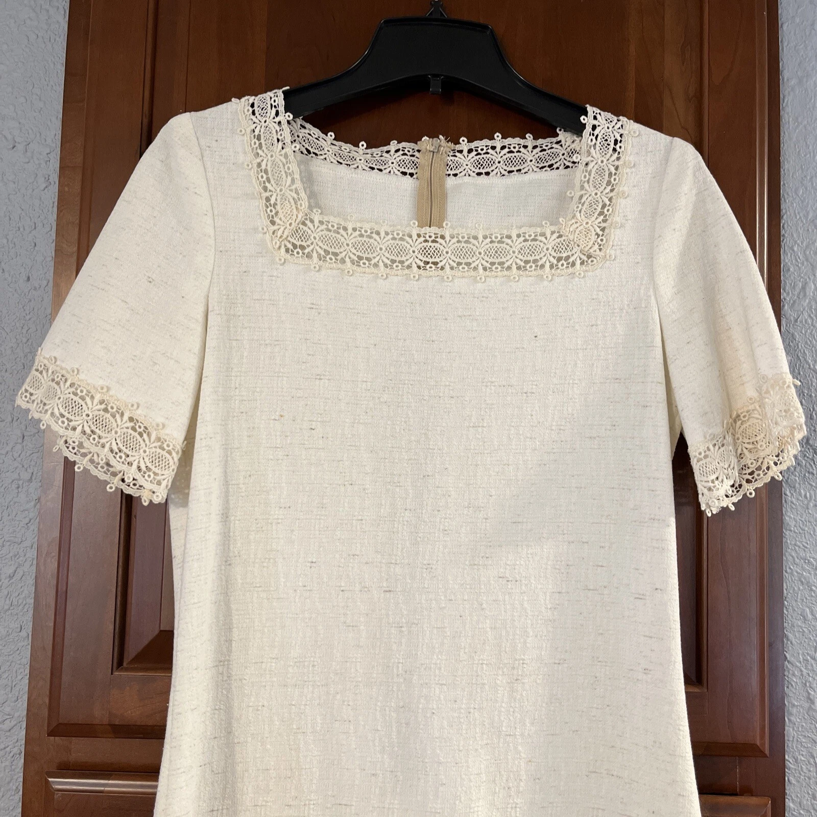 OFF WHITE Abito formale vintage fatto a mano intricato pizzo bianco avorio con finiture