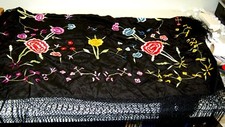 Vintage Silk Piano Scarf Or Shawl Embroidered Vibrant Flowers Long Fringe 