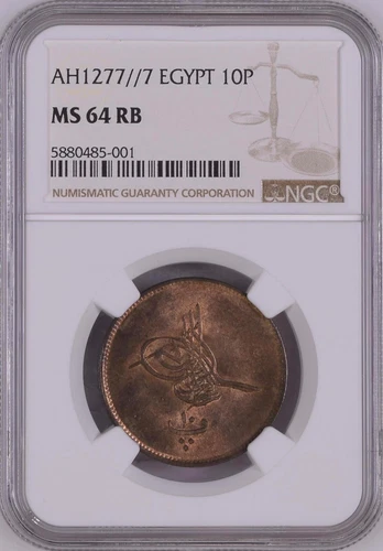 EGYPT - OTTOMAN , 10 PARA ABDUL AZIZ 1277/7 AH NGC MS 64 RB - TOP POP , RAREC