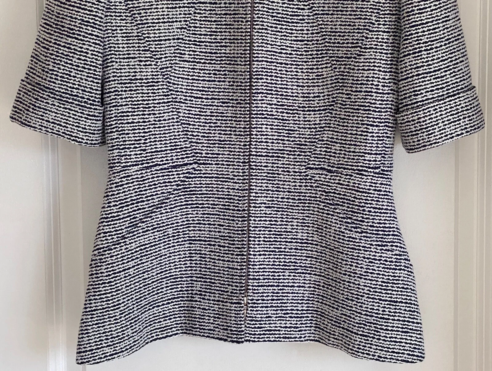 $5250 GIACCA CHANEL 19P BLU NAVY ECRU TWEED NERO CC BOTTONI MANICA CORTA 36