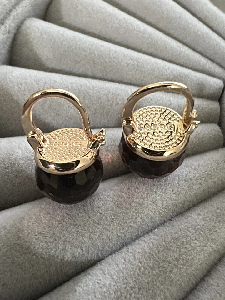 Pendientes de mujer enchapados en oro rosa de 14k 585 RG estampados discoteca natural 🪩 bola marrón Foto 2 de 2