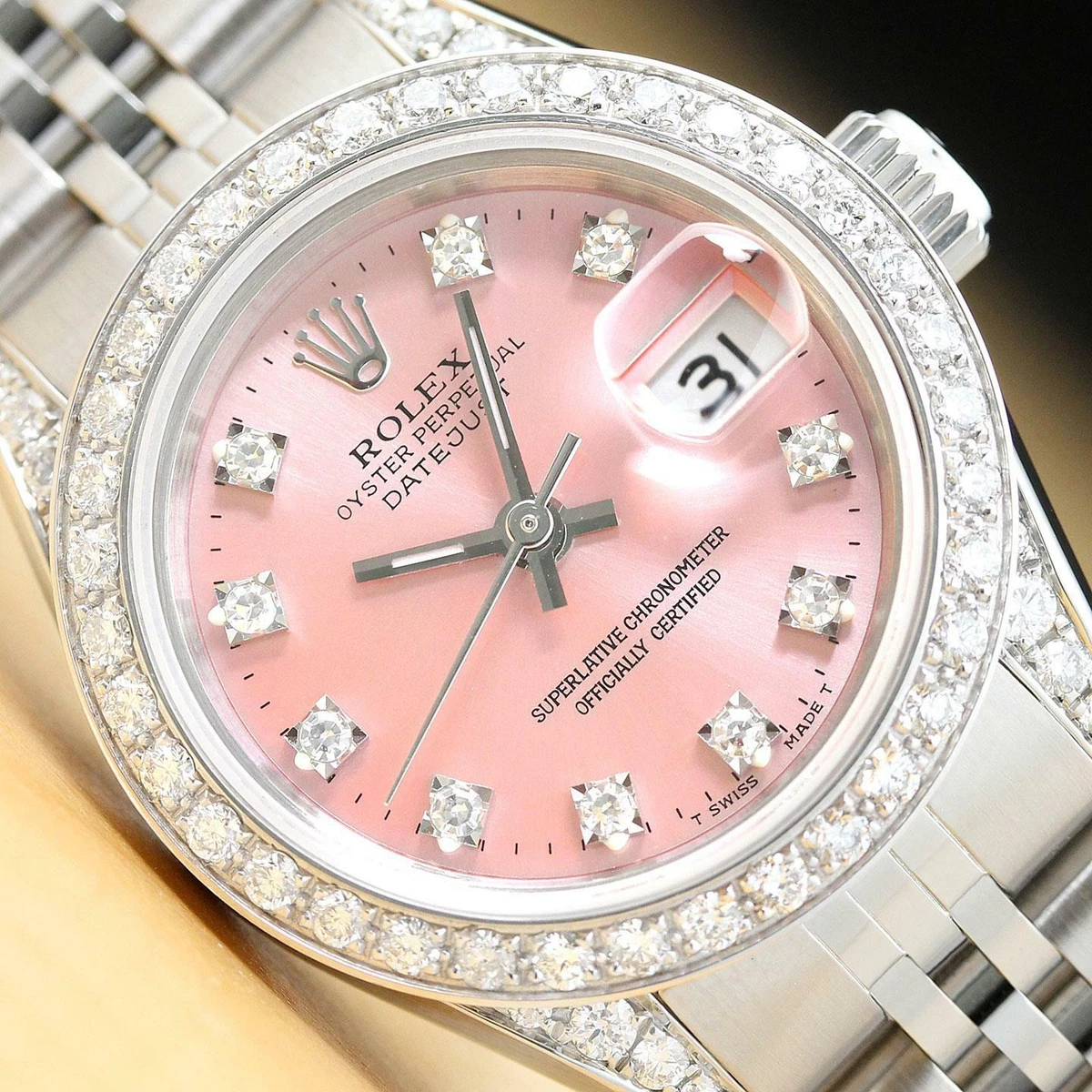 DAMEN ROLEX DATEJUST 69174 PINK FACTORY DIAMANT ZIFFERBLATT STAHL QUICKSET UHR