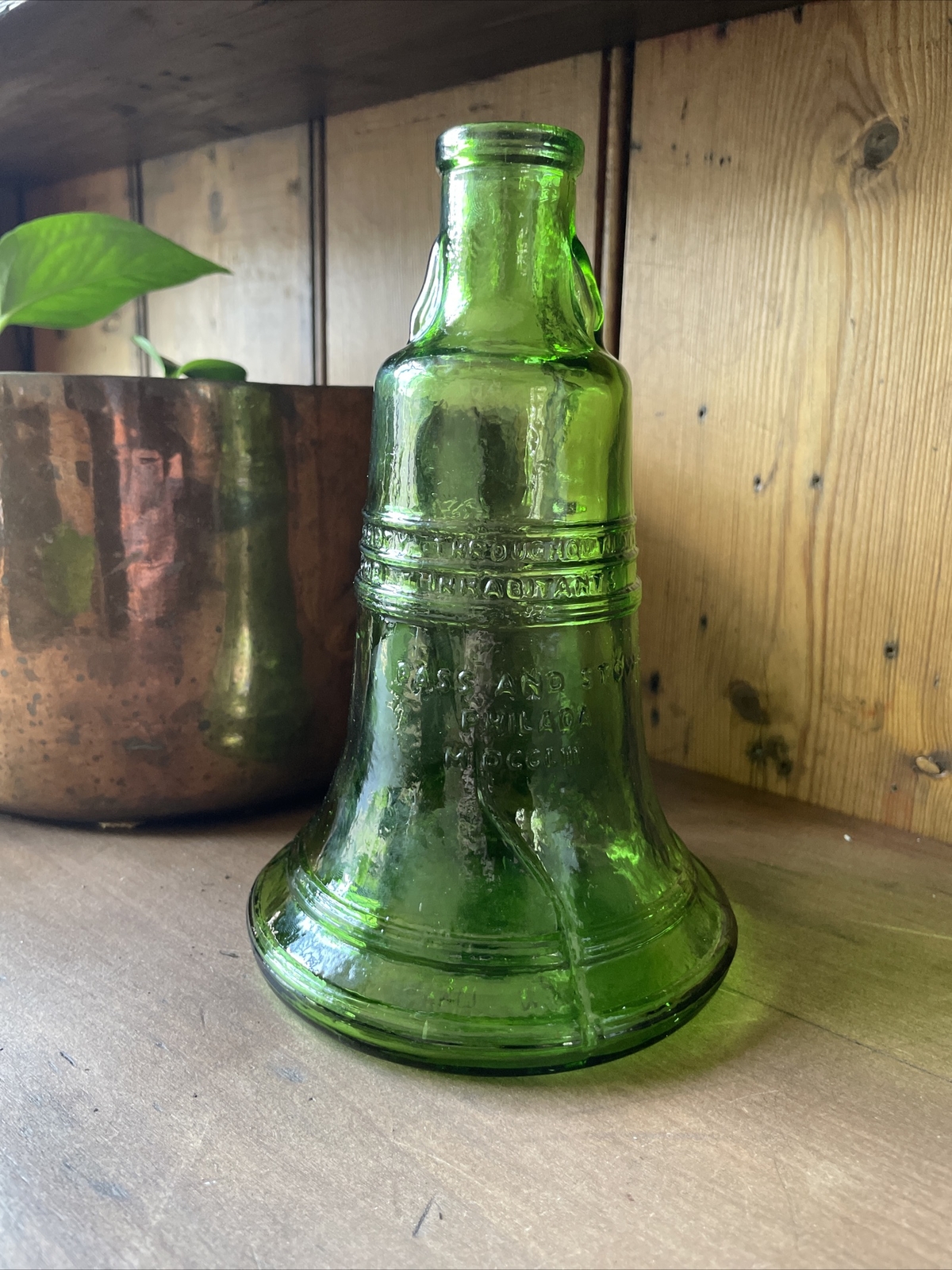 Vintage Wheaton Green Glass Liberty Bell Bottle