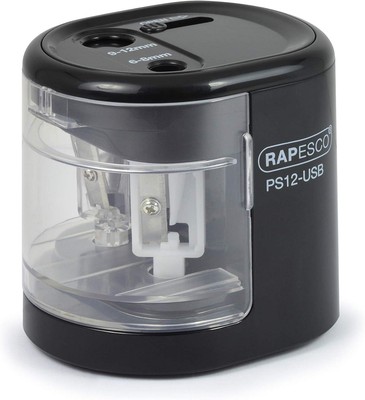 Rapesco 1449 PS12-USB automatischer/elektrischer Bleistiftspitzer mit USB oder Akku