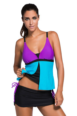 Women Flyaway Layered Deep V Neckline Tankini Color Block Tank 2PC Swimsuit Set