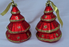 2 Red w/Gold Glitter Accents Christmas Tree Shaped 5" Ornaments