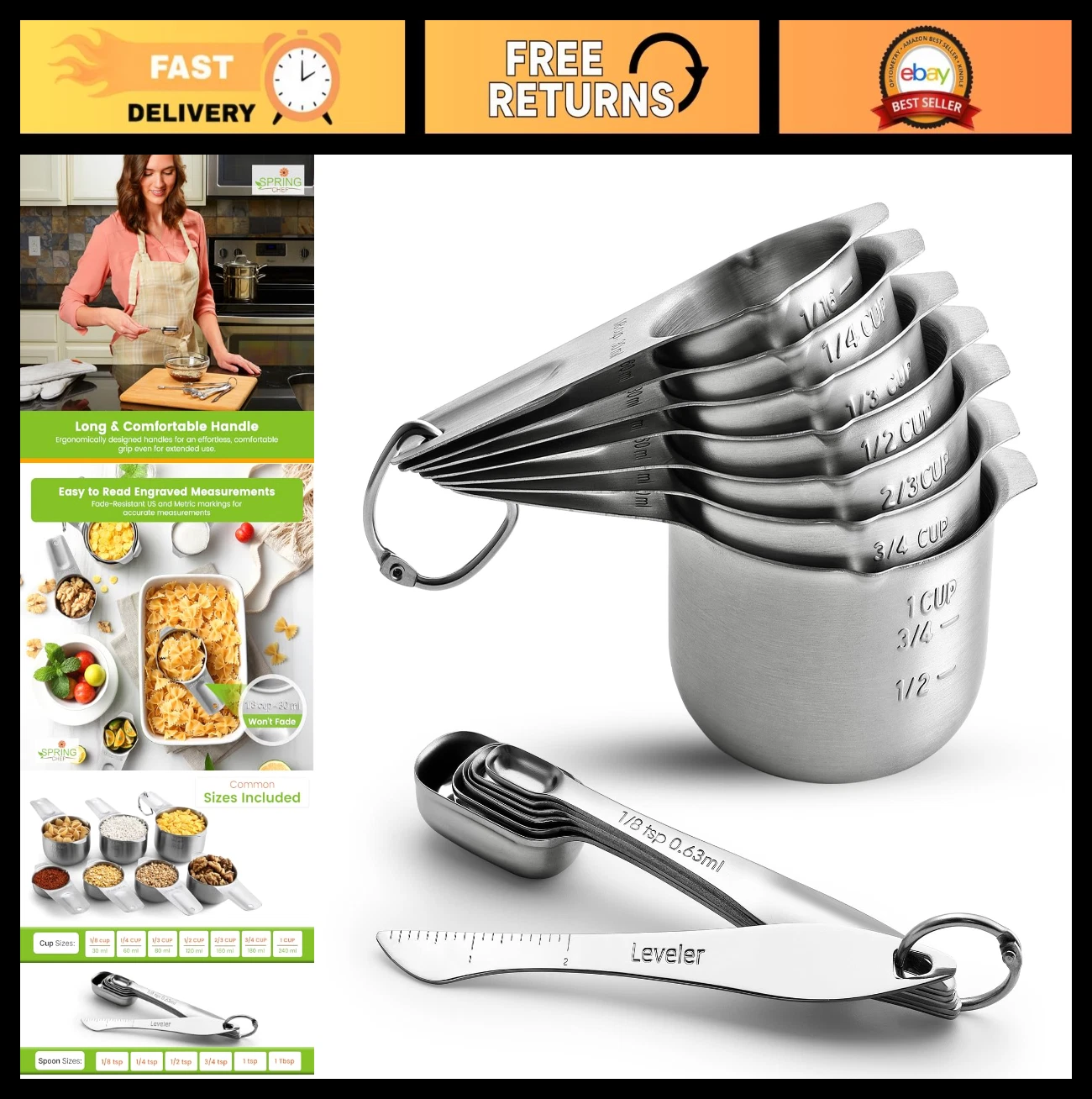 14-Piece Stainless Steel Measuring Cups & Spoons Set with Leveler - Nesting Kitc
