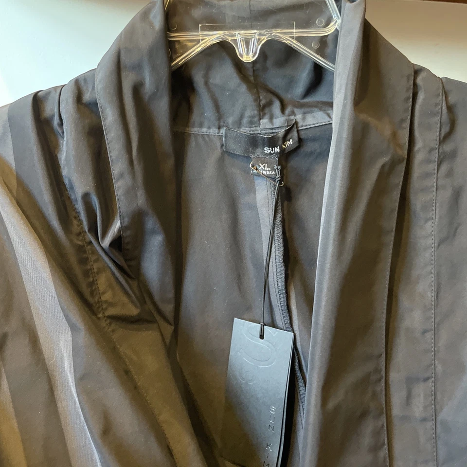 NUEVO CON ETIQUETAS Sun Kim Abrigo Completo Abierto Chaqueta Cuello Alto Marrón/Negro Rayas Para Mujer XL Foto 3 de 4