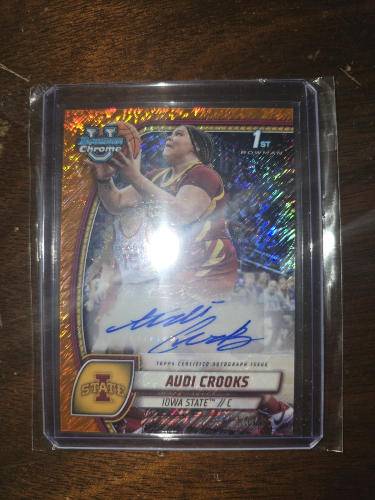 2024-25 Audi Crooks 1st Bowman Chrome U Auto Orange Shimmer 59/65 #9 Iowa State