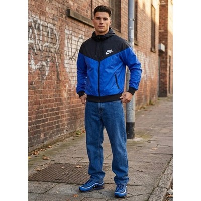 Nike Sportswear Iconic Swoosh Check Black Blue Hooded Windbreaker Jacket XXL