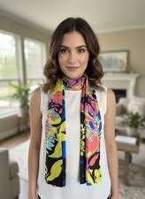NWT Echo Silk Scarf Black Multi Floral Print 16x68 Vibrant Mod 412