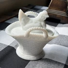VTG Westmoreland Milk Glass Hen on Nest w/Double Handled Basket, Salt/Candy Dish