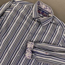Robert Graham Shirt Mens XL Blue White Stripe Classic Fit Paisley Flip Cuff EUC