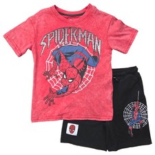 Boys Red Black Spiderman Outfit Distressed T-Shirt Top Shorts Set 5