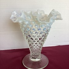 Vintage Fenton White Opalescent Hobnail 7.5 Trumpet Vase Ruffled Edge..