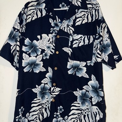 Vintage Anchor Blue Men's Navy and White Floral Shirt Large