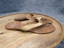 Tory Burch Women Size 7 M Thora Embossed Tan Leather Gold Logo Flip Flops Sandal