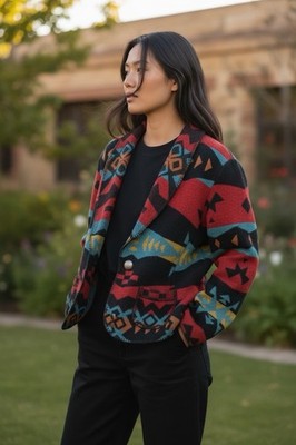 Rhonda Stark Southwestern Aztec Blazer Cropped Jacket Elevated Cowgirl Sz XL