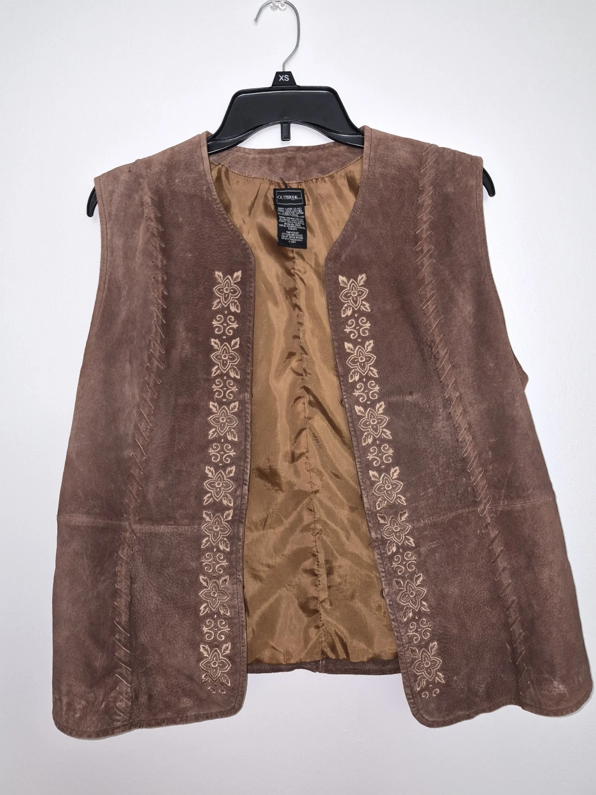 Vintage Outbrook Leather Vest Brown Suede Hook Button Boho Size L (12/14)