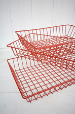 Vintage wire office trays x 3 - red storage eames era