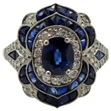 Art Deco Style Lab Created Sapphire Diamond Engagement 14K White Gold FN Ring