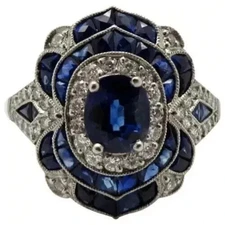 Art Deco Style Lab Created Sapphire Diamond Engagement 14K White Gold FN Ring