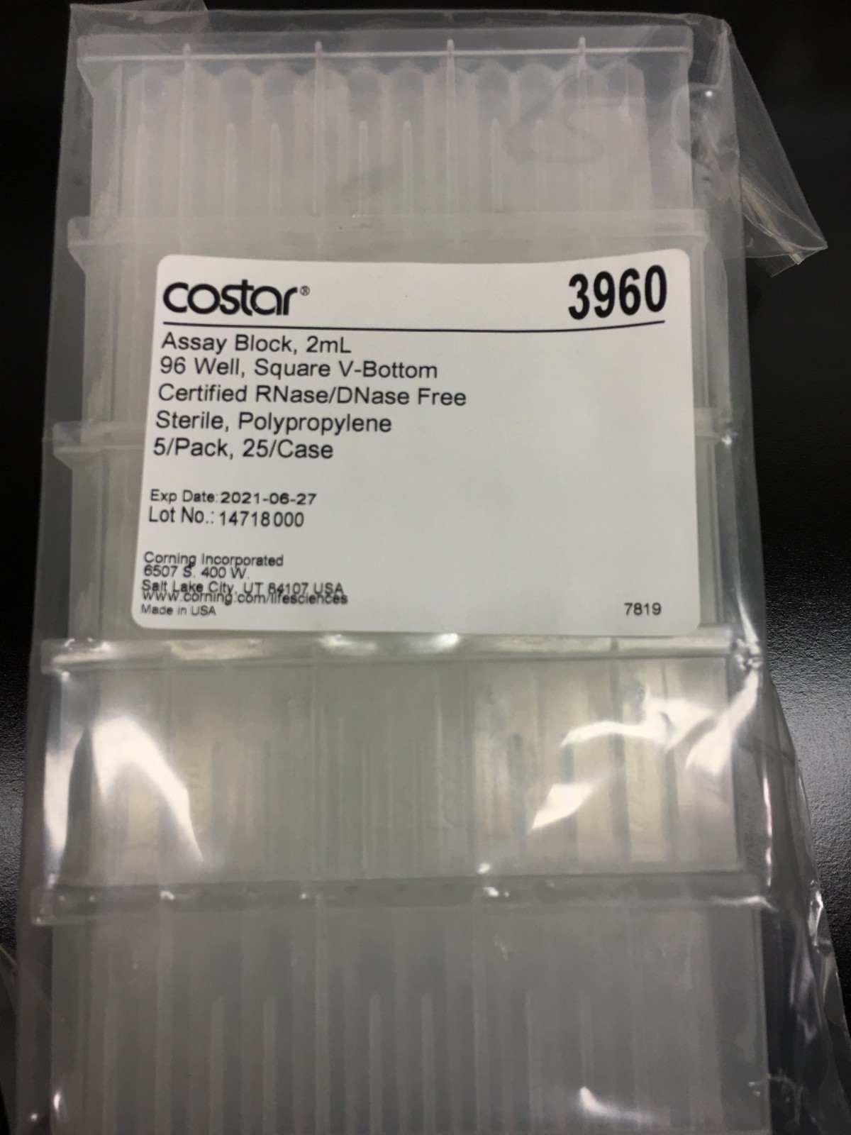 Costar Corning REF 3960 Assay Block 2mL 96 Well Square V-Bottom Case Lot 5 PKS