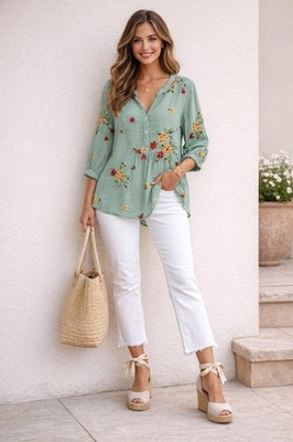 Figueroa & Flower Sz Lg Sage Green Floral Embroidered Blouse Boho Button Front